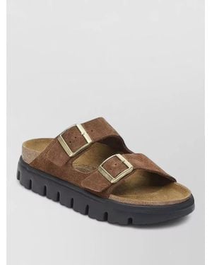 Birkenstock Sandals Chunky Sole Open Toe Suede Buckles - Brown
