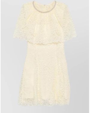 Self-Portrait Knee Length Dress Lace Cape Sleeves - Natural