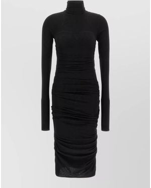 Elisabetta Franchi Jersey Bodycon Midi Dress Turtleneck Ruched - Black