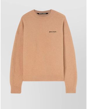 Palm Angels Cashmere Blend Regular Fit Logo Embroidered Crewneck Jumper - Natural