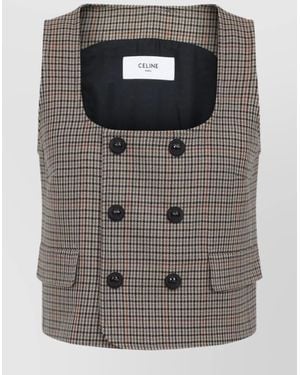 Celine Checked Wool Double-Breasted Sleeveless Jacket - Gray