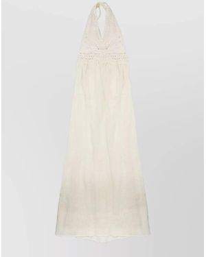 120% Lino Linen Crochet Maxi Halterneck Open Back Dress - White
