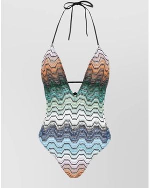 Missoni Greek Motif Swimsuit V Neckline Halter - Blue