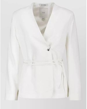 Calvin Klein Tailored Blazer Long Sleeves V Neckline Waist Tie - White