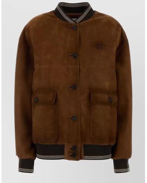 Miu Miu Suede Bomber Jacket Front Pockets Ribbed Cuffs Hem - Brown