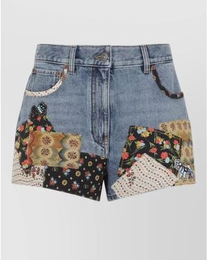 Valentino High-Rise Patchwork Denim Short Shorts - Blue