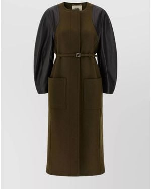 Fendi Single-Breasted Midi Wool And Leather Coat - Green