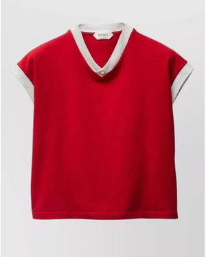 Versace Cotton V Neck Top Short Sleeves Buttons - Red