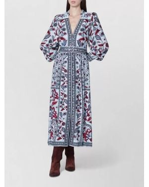 FARM Rio Belted Floral Maxi Dress Long Sleeves V Neckline - Blue