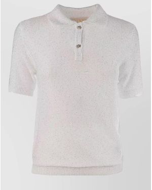Genny Knit Polo Shirt Short Sleeves Sequins Buttons - White