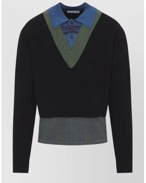 Dries Van Noten Wool Cable-Knit V-Neck Long-Sleeve Jumper - Blue