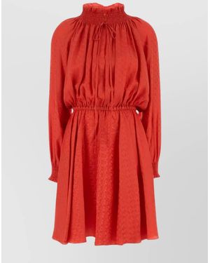 Fendi Silk Jacquard Long Sleeve Mini Dress - Red