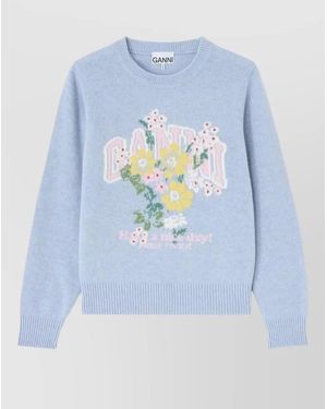 Ganni Floral Crew Neck Top Long Sleeves - Blue