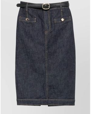 Self-Portrait Denim Midi Skirt Front Pockets - Blue