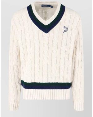 Polo Ralph Lauren Cable Knit V Neck Jumper Contrast Stripes - Natural