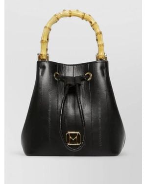 Marella Textured Bucket Bag Bamboo Handle Hardware - Black