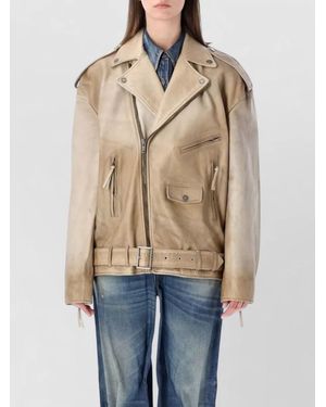 Golden Goose Leather Oversized Asymmetric-Zip Biker Jacket - Natural
