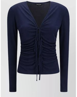 Giorgio Armani Viscose Ruched V-Neck Long-Sleeve Top - Blue