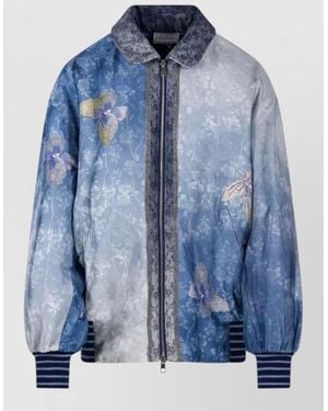 Pierre Louis Mascia Silk Bomber Jacket Collared Neck Floral - Blue