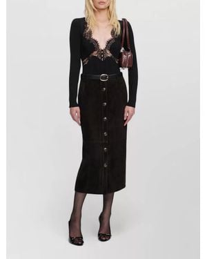 Self-Portrait Chiffon Midi Skirt High Waist Design - Black