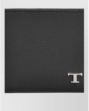 Tod's Calfskin Bi Fold Textured Leather Wallet - Black