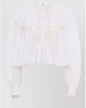 Chloé Cotton Voile Lace Top Long Sleeves Ruffles - White