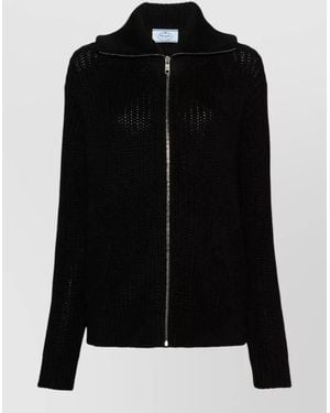 Prada Knit Jacket High Collar Long Sleeves Hem - Black