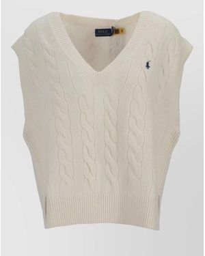 Ralph Lauren Wool Cashmere Sleeveless V-Neck Fine-Knit Top - Natural