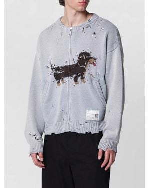 Maison Mihara Yasuhiro Distressed Graphic Crewneck Jumper Ribbed Cuffs Hem - Grey