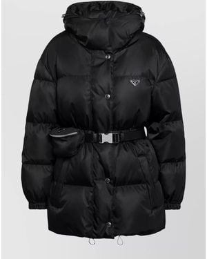 Prada Hooded Padded Jacket Adjustable Hem Belt - Black