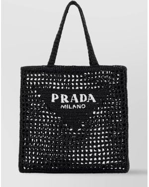 Prada Raffia Crochet Shopping Bag Top Handles - Black