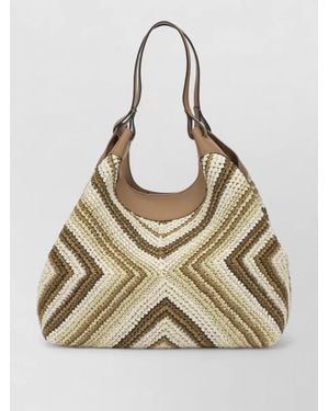 Gianni Chiarini Tote Bag Braided Texture Chevron Pattern Dual Handles - Natural