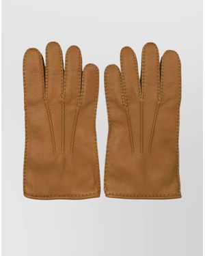 Restelli Textured Leather Gloves Stitch Detailing - Brown