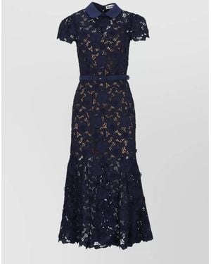 Self-Portrait Knee Length Dress Belted Waist Lace - Blue