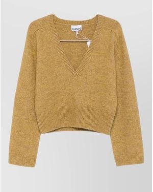 Ganni Cropped V Neck Long Sleeve Top - Natural