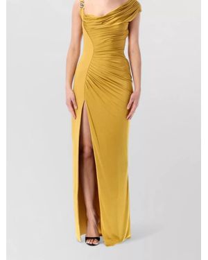 Versace Long Gown Asymmetric Draped Panels Straps - Yellow