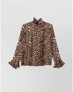 Alberto Biani Silk Leopard-Print High-Neck Long-Sleeve Blouse - Brown