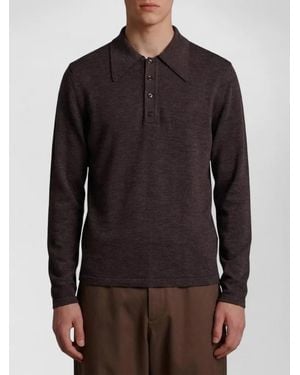 Lemaire Wool Fine-Knit Long-Sleeve Polo Shirt - Brown