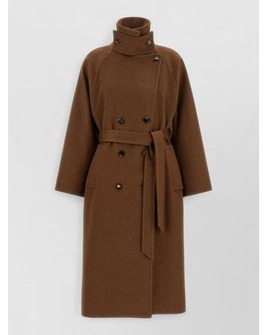 Alberto Biani Wool Double-Breasted Belted Coat - Brown