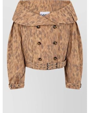 Ganni Printed Cotton Cropped Off-Shoulder Double-Breasted Jacket - Brown