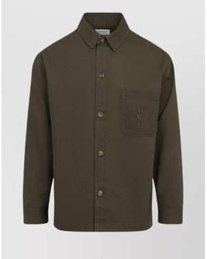 Saint Laurent Solferino Cotton Gabardine Overshirt With Cassandre Logo - Green