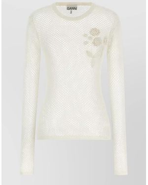 Ganni Pointelle Knit Sweater Floral Embroidery Sheer - White