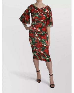 Dolce & Gabbana Floral Sheath Midi Silk Stretch Dress - Brown