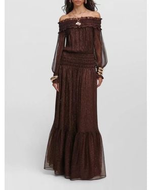Self-Portrait Georgette Maxi Dress Off Shoulder Tassels - Brown