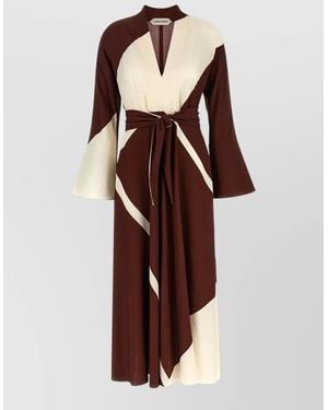 Alberta Ferretti Dress V Neckline Long Sleeves Belted Waist - Multicolour