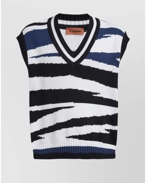 Missoni Ribbed V-Neck Cotton Patterned Vest - Blue