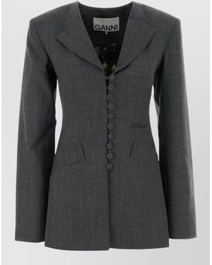 Ganni Twill Blazer Longline Silhouette Notched Lapels - Black