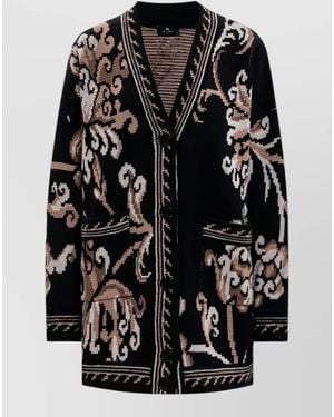 Etro Wool Cardigan Floral Pattern Front Pockets - Black