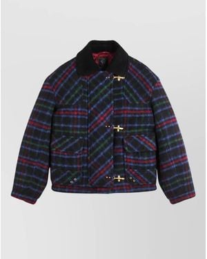Fay Checked Single-Breasted Coat - Blue