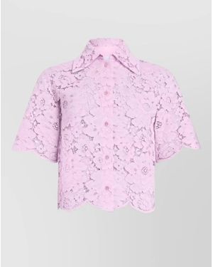 Patou Lace Shirt Short Sleeves Scalloped Hem - Pink